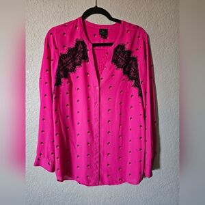 Worthington Women's Long Sleeve Button Up Blouse Size L, Lace, Pink BLACK ORANGE